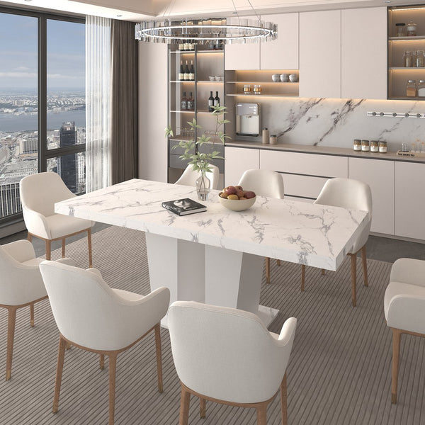 English Elm Extendable Faux Marble Dining Table with V-Legs — Sleek Expandable Conference & Kitchen Centerpiece for 6–10 White Marble W1347S00008