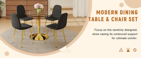 English Elm Table And Chair Set - 35" Round Transparent Tempered Glass Top With Gold Metal Base & 4 Black Chairs W1151S03700-GIGA
