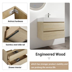 English Elm 30" Wall-Mounted Bathroom Vanity With Modern Resin Sink, Soft-Close Drawers, And Eco-Friendly Design W999S00197