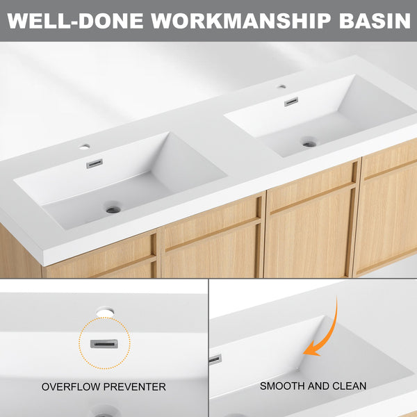 English Elm 60" 60" Wall-Mounted Bathroom Vanity with Double Resin Sink, 4 Soft-Closing Doors, Oak Finish W1972P315223