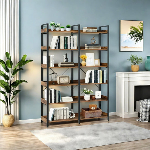 English Elm 6-Tier Industrial Bookshelf 67" Black+Brown Metal Frame with 12 Open Shelves, Edge Guards & Stable Design W3204P354206