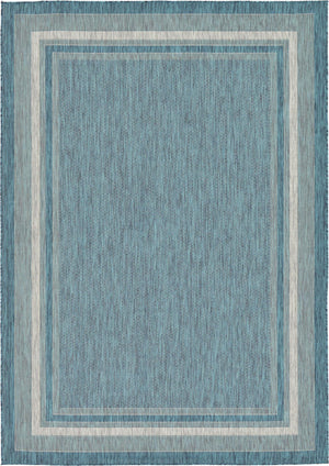Unique Loom Outdoor Border Soft Border Machine Made Border Rug Teal, Ivory/Gray 7' 1" x 10' 0"