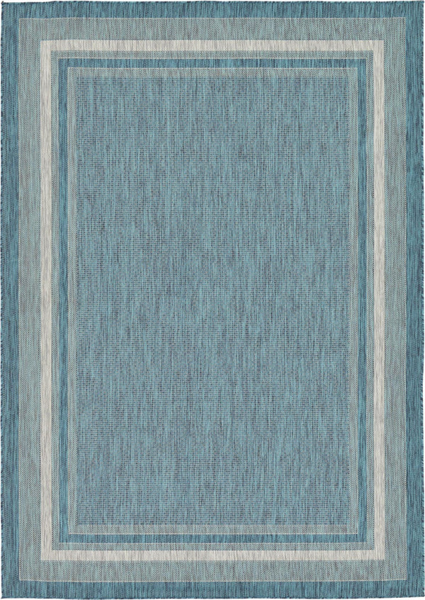 Unique Loom Outdoor Border Soft Border Machine Made Border Rug Teal, Ivory/Gray 7' 1" x 10' 0"