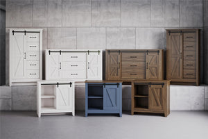 English Elm Alton Farmhouse Chest with Sliding Barn Door Five Drawers and Matte Black Hardware Oak B2733S00019