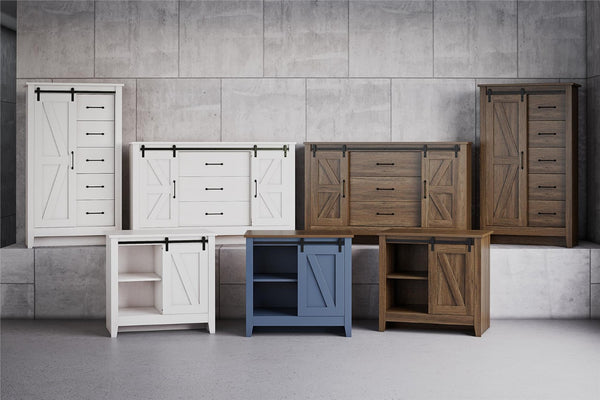 English Elm Alton Farmhouse Chest with Sliding Barn Door Five Drawers and Matte Black Hardware Oak B2733S00019