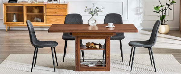English Elm Expandable Walnut Dining Set with Four Linen Chairs Seats Six in Modern Style W1151S04712
