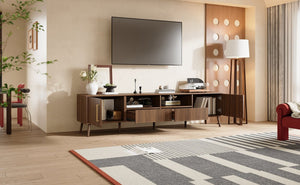 English Elm 78 Inch Walnut Entertainment Center Fluted Doors Solid Wood Legs for Living Room N710P372538P