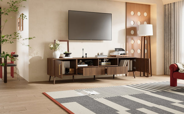 English Elm 78 Inch Walnut Entertainment Center Fluted Doors Solid Wood Legs for Living Room N710P372538P