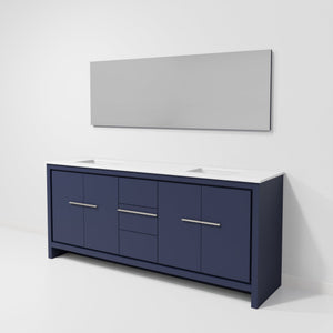 English Elm Navy Double Bath Vanity 80" W With White Quartz Top & 70" Mirror - Elegant Storage Solution! B2731S01504