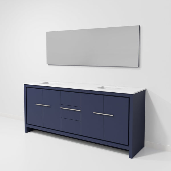 English Elm Navy Double Bath Vanity 80" W With White Quartz Top & 70" Mirror - Elegant Storage Solution! B2731S01504