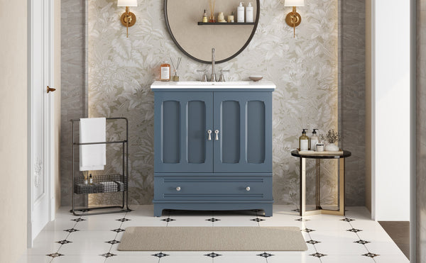English Elm 30" Modern Bathroom Vanity with Ceramic Sink, Solid Wood Frame, Soft-Close Drawer & Adjustable Shelf Blue N710P293306C