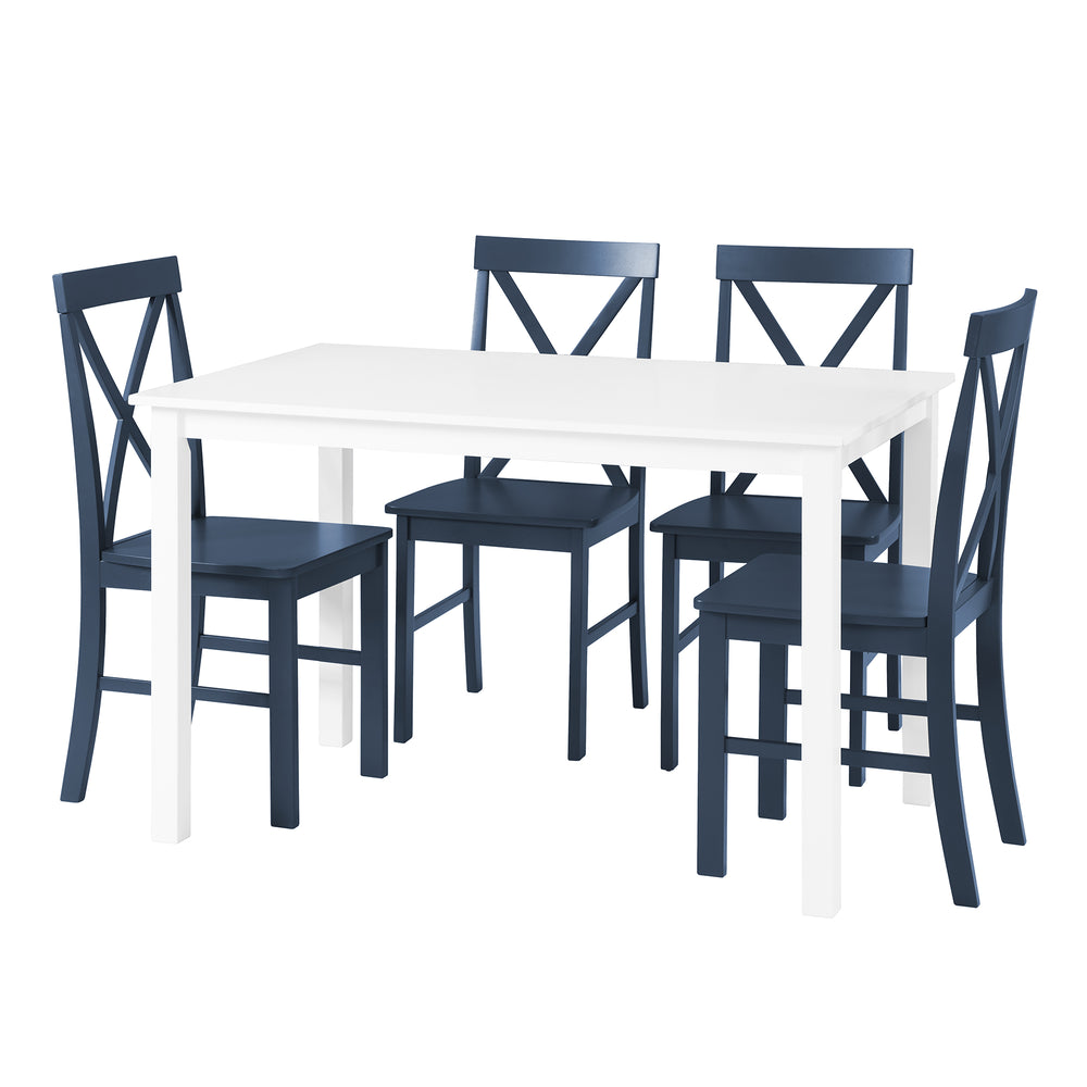 English Elm Walker Edison - Classic Solid Wood 5-Piece Dining Set with X-Back Chairs — Farmhouse White/Navy, Compact Elegance B185P326701