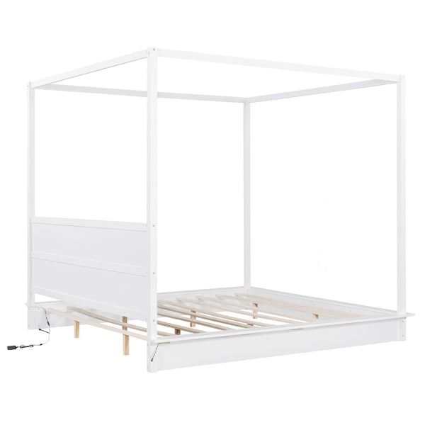 English Elm King LED Canopy Bed Frame King Size White Modern Platform with Support Slats, No Box Spring Needed, 600lb Capacity N820S10007K