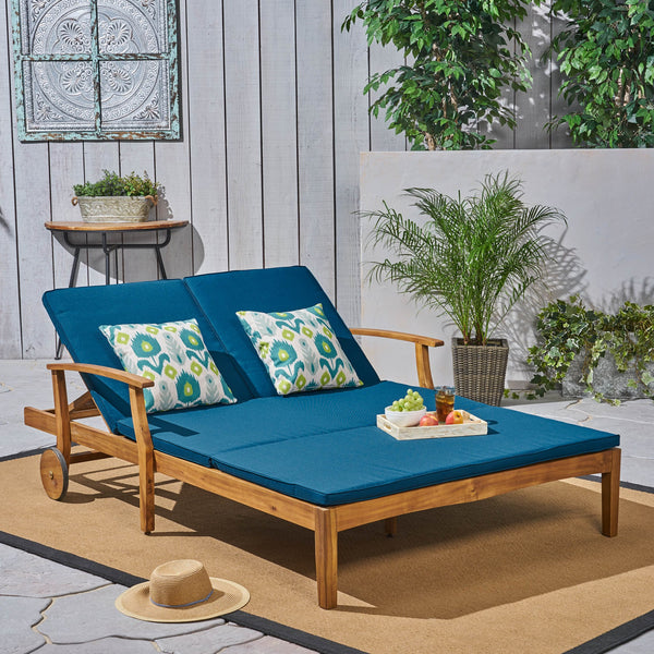 English Elm Christopher Knight Home® - Perla Double Chaise Lounge - Stylish Acacia Wood Seating With Plush Cushions For Ultimate Comfort 63357.00BLU