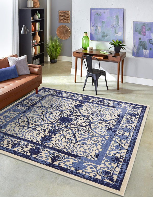 Unique Loom La Jolla Traditional Machine Made Floral Rug Ivory and Blue, Blue/Light Blue/Navy Blue 7' 10" x 7' 10"