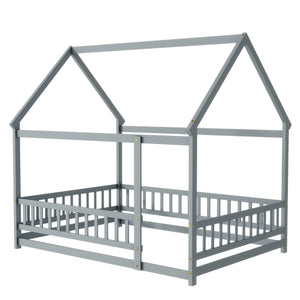 English Elm Full Size House Bed Frame With Roof, Safety Guardrails, Grey Finish - Perfect For Kids' Room Fun! W504P286407