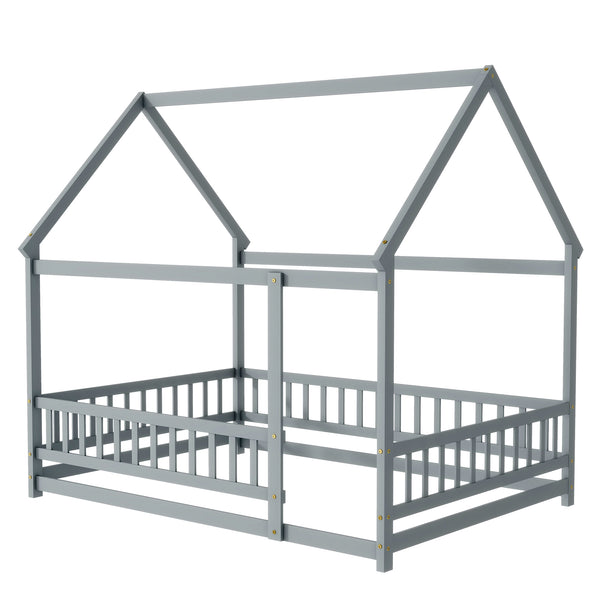 English Elm Full Size House Bed Frame With Roof, Safety Guardrails, Grey Finish - Perfect For Kids' Room Fun! W504P286407