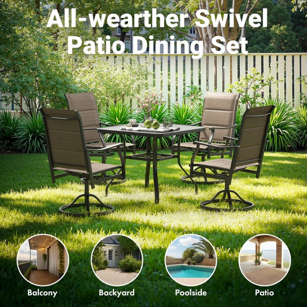 English Elm Outdoor Swivel Patio Dining Chairs Textilene Woven Set for Backyard Entertaining Brown T3623P433699