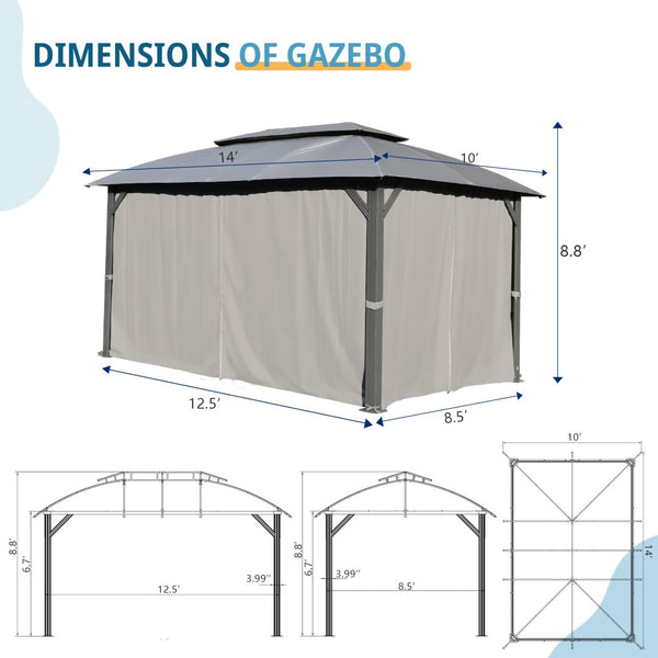 English Elm Gazebo 10x14 Ft Outdoor Steel Frame Canopy with Dual Roof Netting and Privacy Curtains W1859S00082