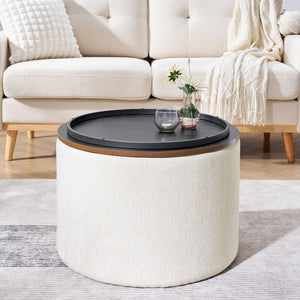 English Elm 2-Piece Round Chenille Storage Ottoman Set with Hidden Compartment and Sturdy MDF Top for Home Decor Beige W487P179601