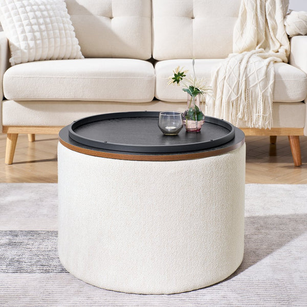 English Elm 2-Piece Round Chenille Storage Ottoman Set with Hidden Compartment and Sturdy MDF Top for Home Decor Beige W487P179601