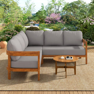 English Elm U_style Acacia Wood Outdoor L Shaped Corner Sofa Set with Arc Frame and Cushions Grey WY000481AAE