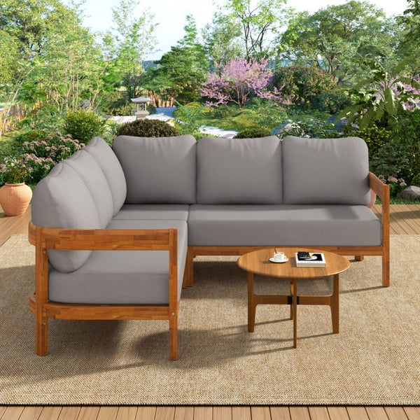 English Elm U_style Acacia Wood Outdoor L Shaped Corner Sofa Set with Arc Frame and Cushions Grey WY000481AAE