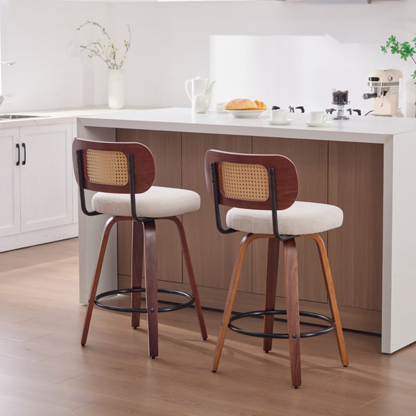 English Elm Set of 2 Swivel Counter Stools Walnut Frame Rattan Back Linen Seat Kitchen Island Beige W1143P392171