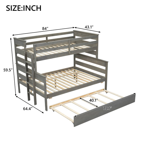 English Elm Wood Twin over Full Bunk Bed with Twin Trundle – Space-Saving Pine/MDF Triple Bed, Sturdy & Safe Design Grey GX000448AAE-1