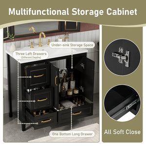 English Elm Christopher Knight Home® - 36" Freestanding Bathroom Vanity with Resin Sink, Soft-Close Doors & Drawers, Gold Alloy Handles, Spacious Storage and Easy Plumbing Access Black N759P292552B