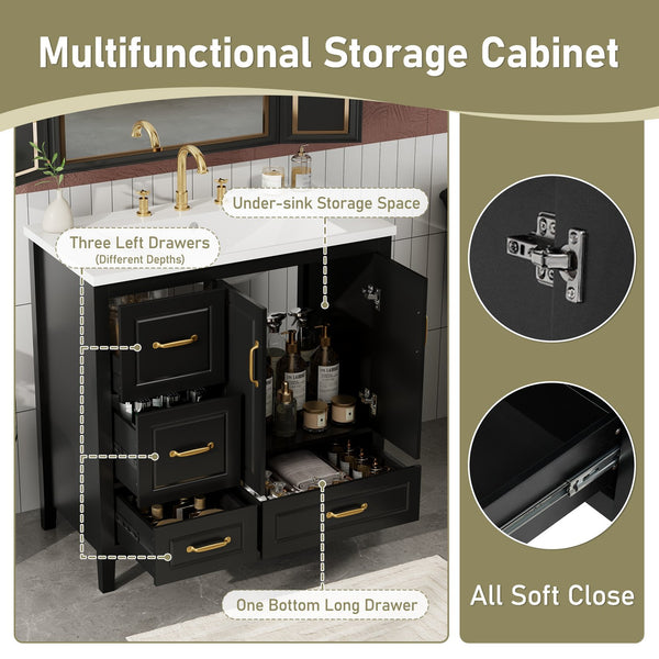 English Elm Christopher Knight Home® - 36" Freestanding Bathroom Vanity with Resin Sink, Soft-Close Doors & Drawers, Gold Alloy Handles, Spacious Storage and Easy Plumbing Access Black N759P292552B