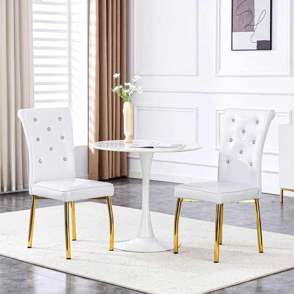 English Elm Set of 4 Glam Faux Leather Dining Chairs with Crystal Buckle and Gold Tone Legs White+Gold W3226P311059