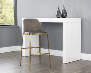Sunpan Dover Luxurious Faux Leather Barstool with Sleek Brushed Gold Steel Legs for Contemporary Spaces Bravo Portabella / Sparrow Grey