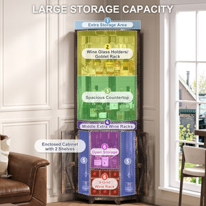 English Elm 67.3" Farmhouse Corner Bar Cabinet Led Lit Wine Storage with Built-in Power Outlets N735P361429D
