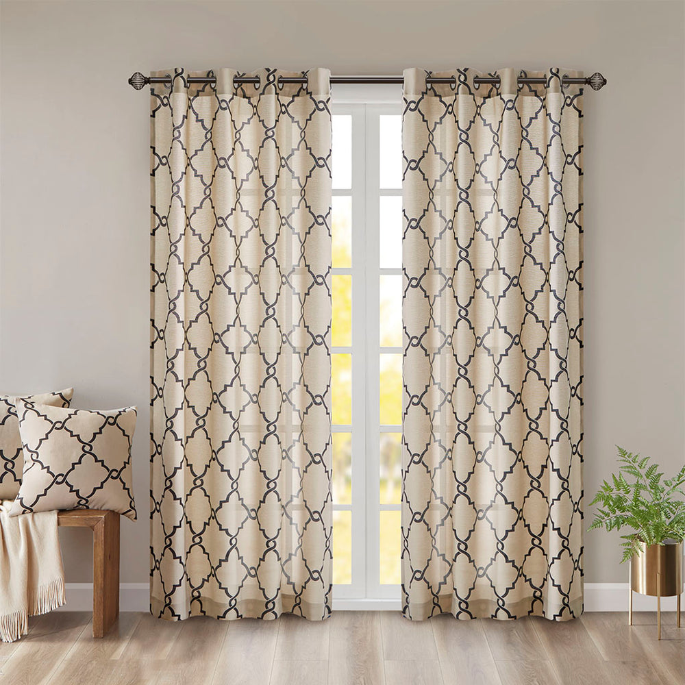 JLA Home Madison Park - Fretwork Cotton-Blend Grommet Top Curtain Panel — Textured Basket Weave, Light-Filtering, Modern Flair Khaki/Black MP40-2410