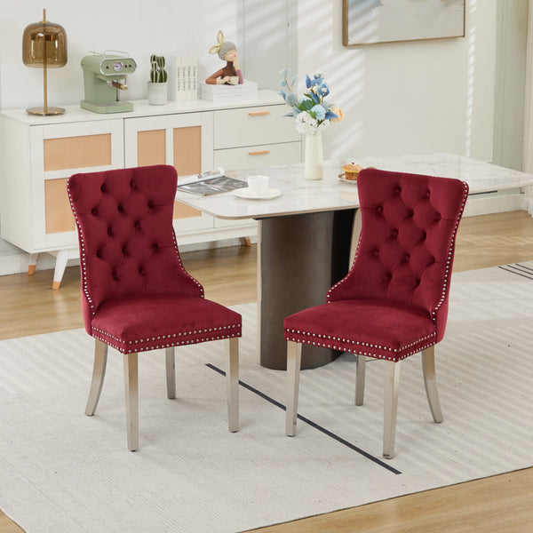 English Elm Nikki Velvet Tufted Dining Chair with Nailhead Trim and Chrome Legs – Plush High-Rebound Cushion Comfort WINE RED W1143P369090