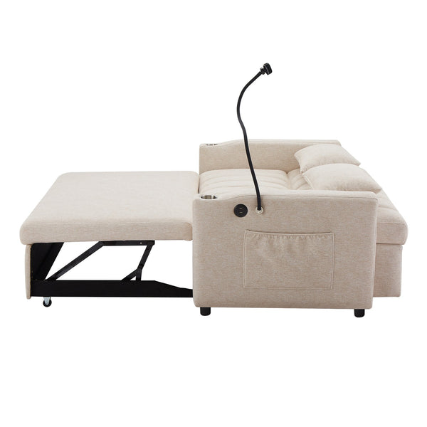 English Elm 55.9" Convertible Sofa Bed Loveseat with 3 USB Ports, Cup Holders, Side Pockets & 360° Phone Swivel Beige WF322620AAA
