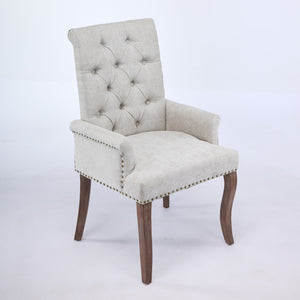 English Elm Upholstered Chenille Dining Chair with Hand-Tufted Back, Curved Solid Wood Legs, Comfortable Armseat Beige W1143P346927