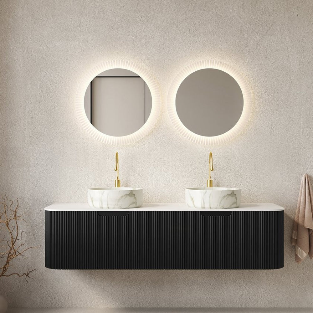 English Elm Dina 60 Inch Floating Bathroom Vanity Sintered Stone Top Dual Glass Basins Wood Grain Black,Carrara White,Stone White W2615S00702