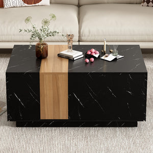 English Elm Modern 35.4 X 23.6 Inch Two-Tone Coffee Table With Faux Marble and Walnut Wood Grain Finish, Rectangular Center Table With 2 Storage Drawers, Practical Cocktail Table For Living Room, Black