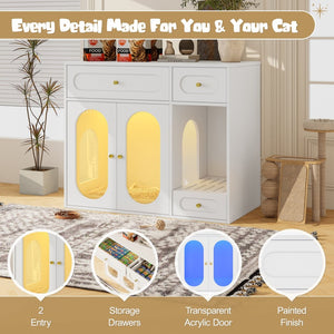English Elm Cat Litter Box Cabinet with Led Lighting Acrylic Doors and Drawer Storage End Table White N704P402444K