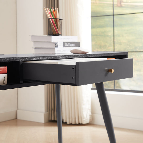 English Elm Mid Century Desk with USB Ports and Power Outlet, Spacious Mid-Century Writing Desk with Drawers for Home Office Comfort and Style Black W876P278784