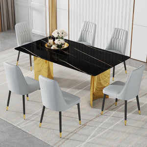 English Elm Table With Glass Top & Faux Marble, 6 Light Gray Chairs With Pu Cushions, Gold & Black Legs Set W1151S04334-GIGA