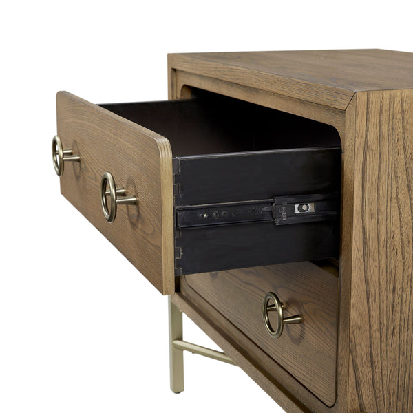 English Elm 2 Drawer Nightstand with USB Ports, Latte Elm Veneer, Solid Wood+MDF, Felt & Cedar Lined Drawers, Metal Base B2699P226102