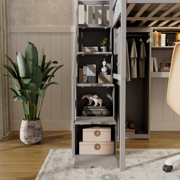 English Elm Full Loft Bed with Integrated Wardrobe Desk Shelving and Led Lighting for Teen Rooms Grey LT000927AAE