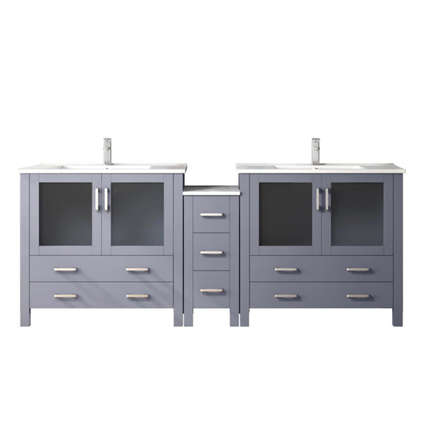 English Elm Dark Grey Double Bath Vanity 84 in W x 18.25 in D with Side Cabinet, White Ceramic Top, Faucet Set, Soft-Close Drawers B2731S01173