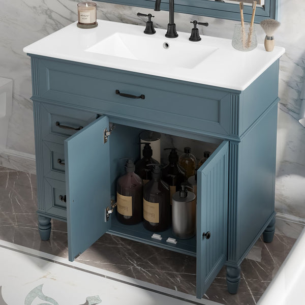 English Elm 36" Modern Bathroom Vanity with Ceramic Sink, Solid Wood + MDF Frame, Sleek Freestanding Design Blue N725P195410C