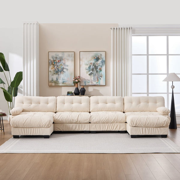 English Elm U Shaped Modular Cloud Sectional with Plush Flannelette Upholstery Deep Seat Living Room Sofa Beige W2120S00053