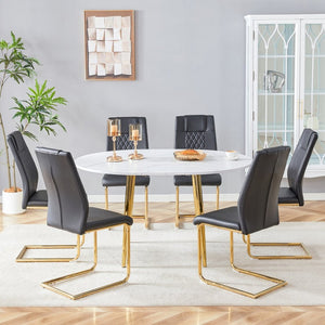 English Elm Table and 6 Chair Extendable Mdf Dining Set with Gold Arched Legs Modern Style Black,White+Gold W1151S03946