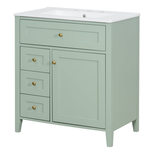 English Elm 30-Inch Contemporary Bathroom Vanity with Sink, MDF & Rubberwood, Glossy Finish, 3 Drawers + Cabinet Green N725P350819F